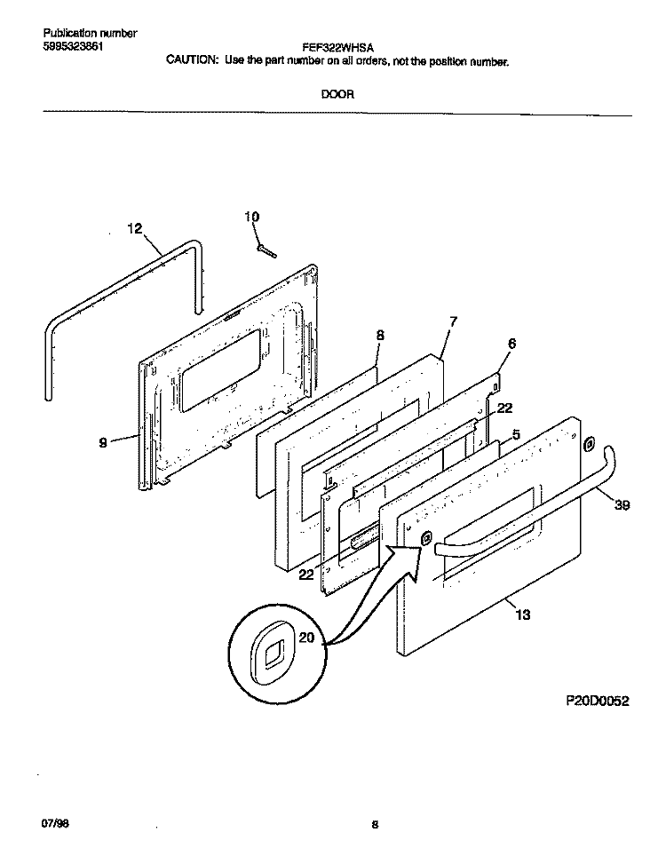 DOOR Diagram and Parts List for FEF322WHSA  Frigidaire Range