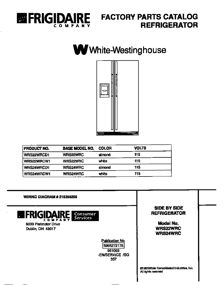 COVER Diagram and Parts List for WRS22WRCW1  Frigidaire Refrigerator