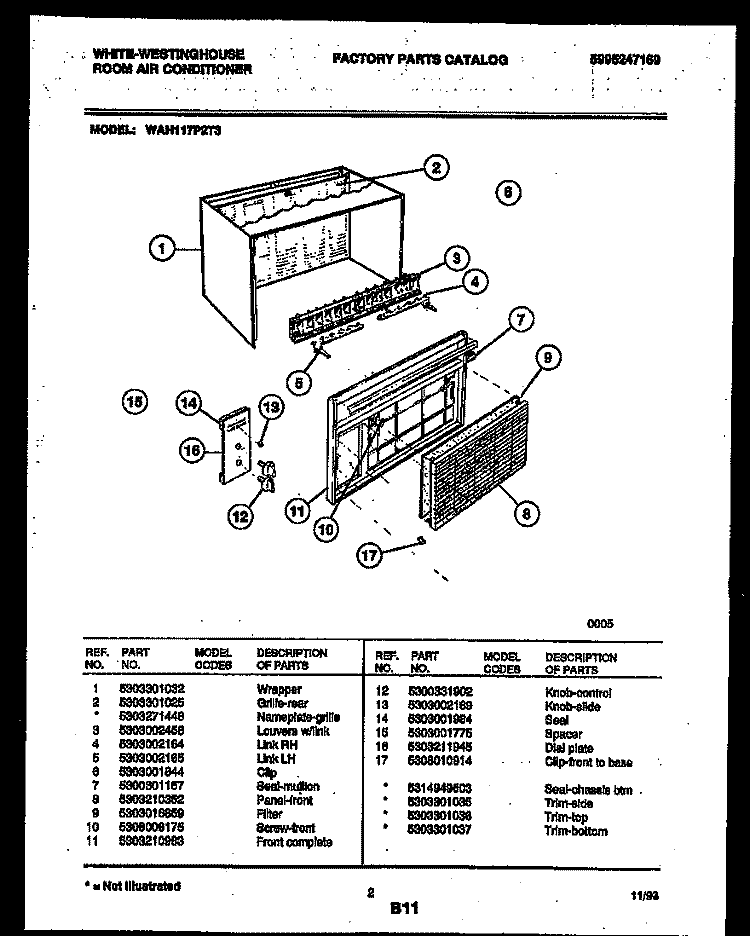 CABINET PARTS Diagram and Parts List for WAH117P2T3  Frigidaire Air Conditioner