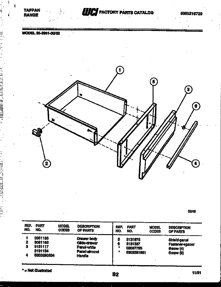DRAWER PARTS Diagram and Parts List for 30-3981-23-02  Tappan Range