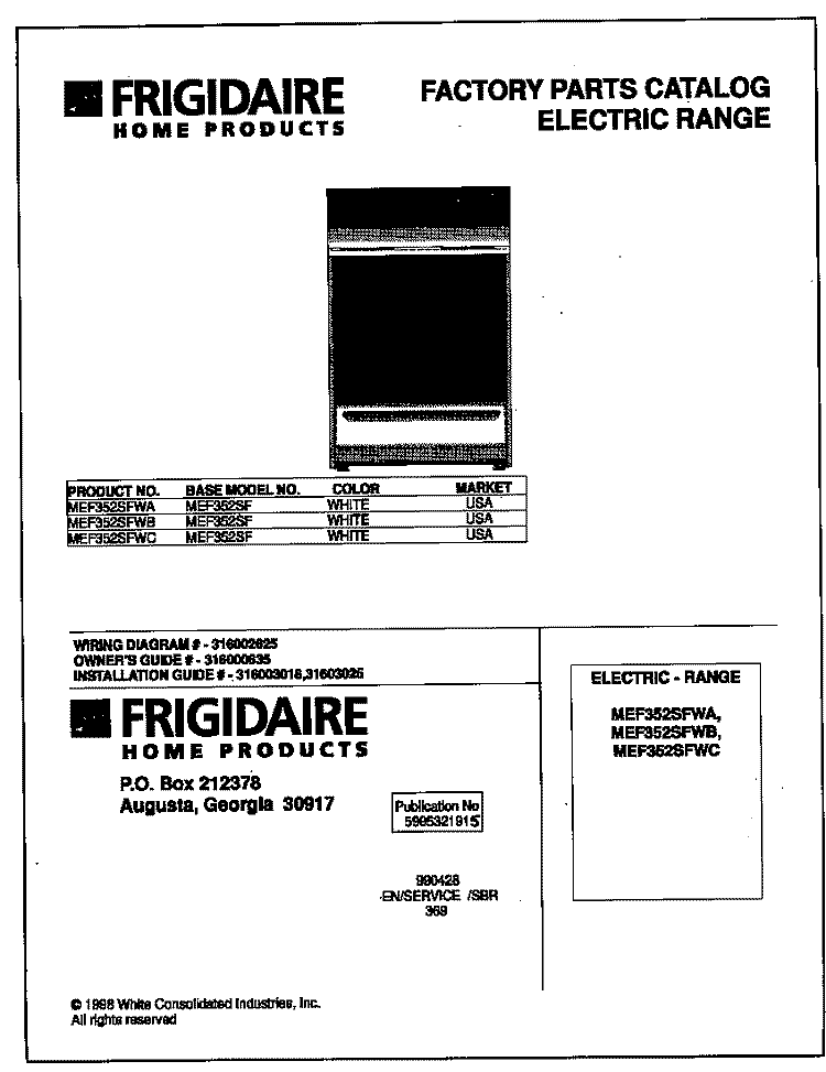 COVER Diagram and Parts List for MEF352SFWB  Frigidaire Range