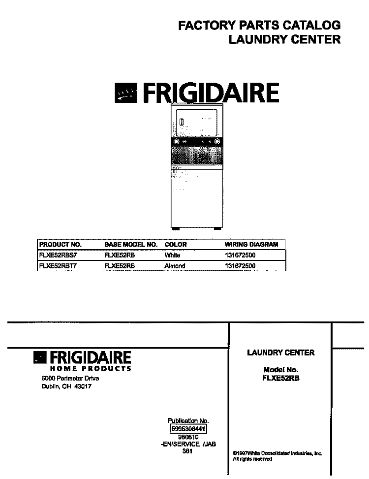 COVER Diagram and Parts List for FLXE52RBS7  Frigidaire Washer Dryer Combo