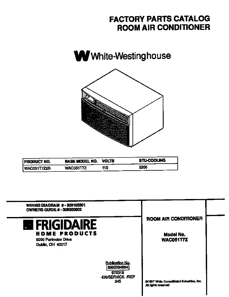 COVER Diagram and Parts List for WAC051T7Z2B  Frigidaire Air Conditioner
