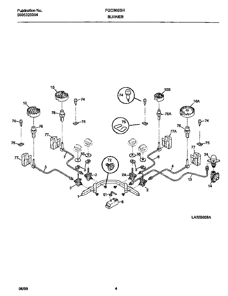 BURNERS Diagram and Parts List for FGC36S5HWA  Frigidaire Cooktop