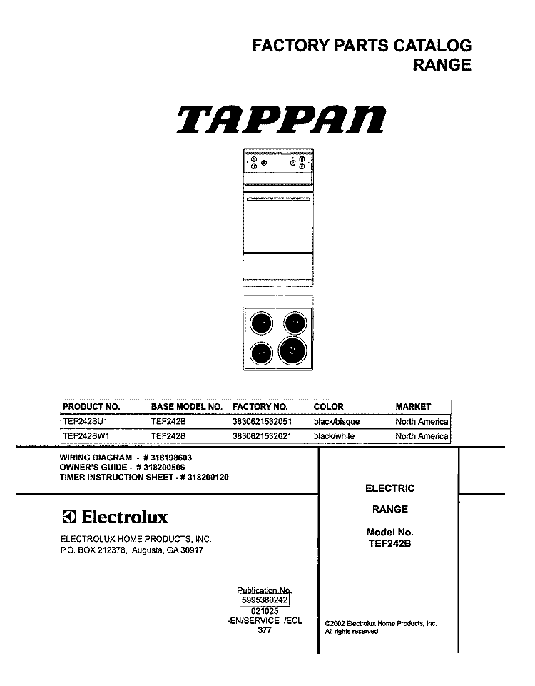 COVER Diagram and Parts List for TEF242BW1  Tappan Range