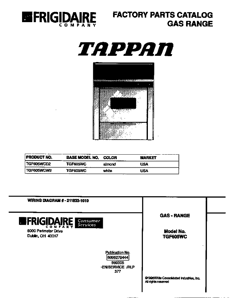 COVER Diagram and Parts List for TGF605WCD2  Tappan Range