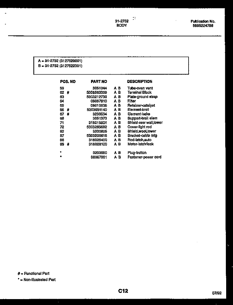 BODY PARTS Diagram and Parts List for 31-3972-00-01  Tappan Range