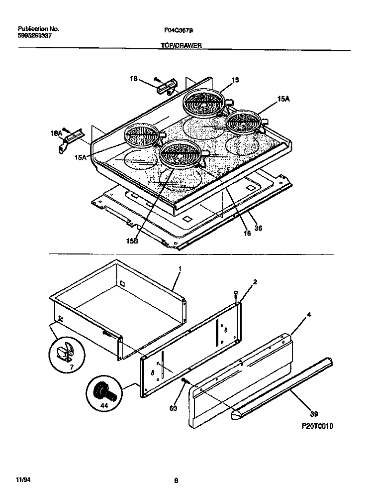 TOP / DRAWER Diagram and Parts List for F04C367BTA  Frigidaire Range