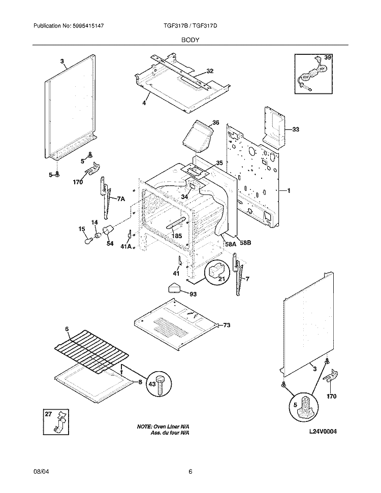 BODY Diagram and Parts List for TGF317BWC  Tappan Range