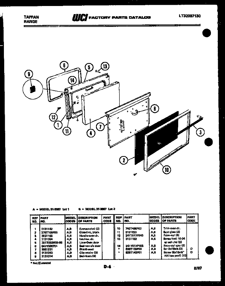 DOOR PARTS Diagram and Parts List for 31-3857-66-01  Tappan Range