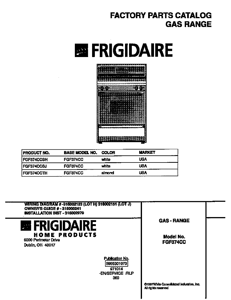 COVER Diagram and Parts List for FGF374CCSJ  Frigidaire Range
