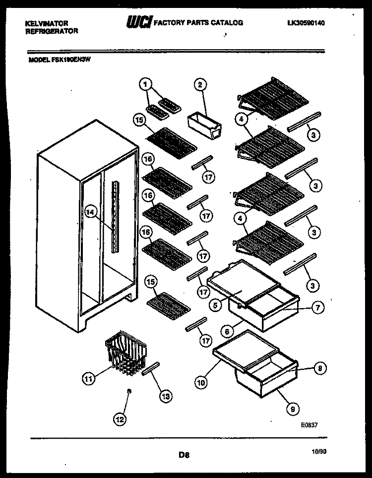 SHELVES AND SUPPORTS Diagram and Parts List for FSK190EN3D  Kelvinator Refrigerator