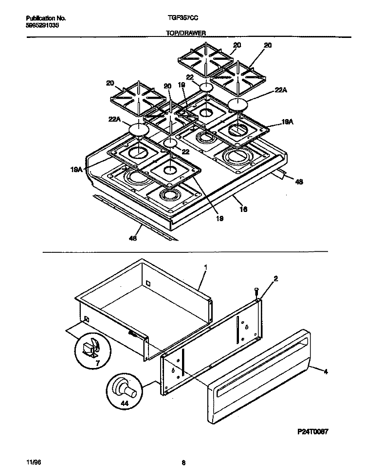 TOP / DRAWER Diagram and Parts List for TGF357CCTE  Tappan Range