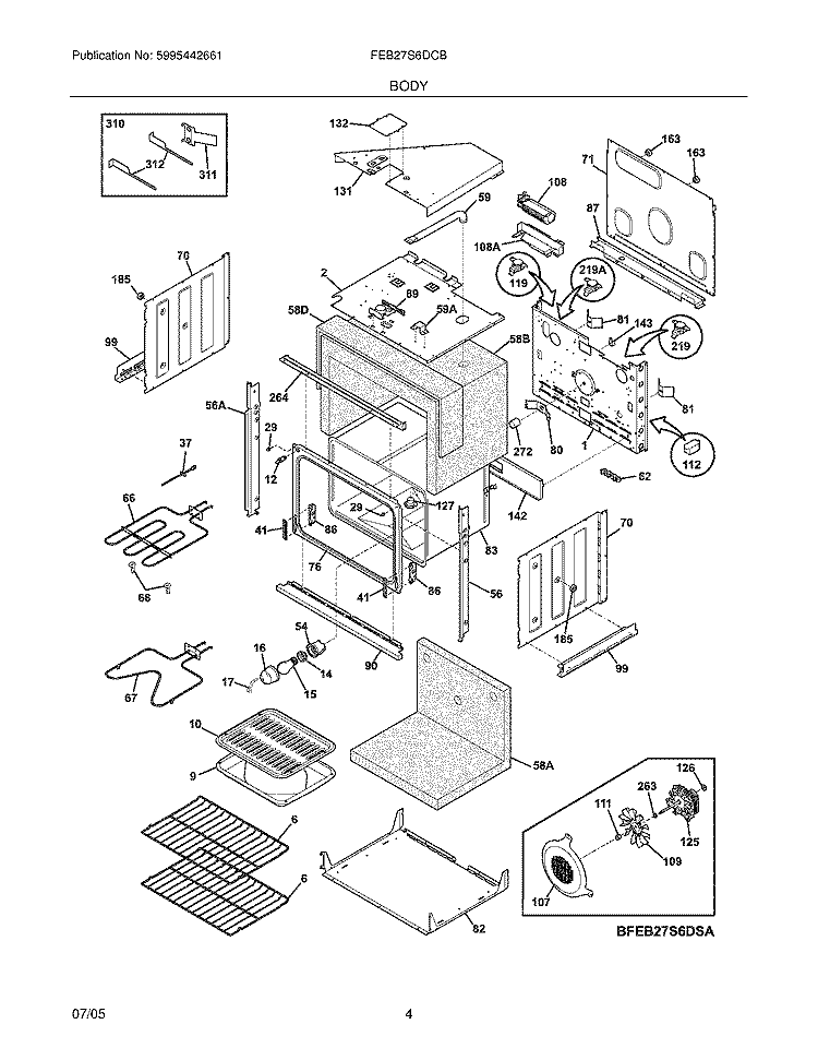BODY Diagram and Parts List for FEB27S6DCB  Frigidaire Wall Oven