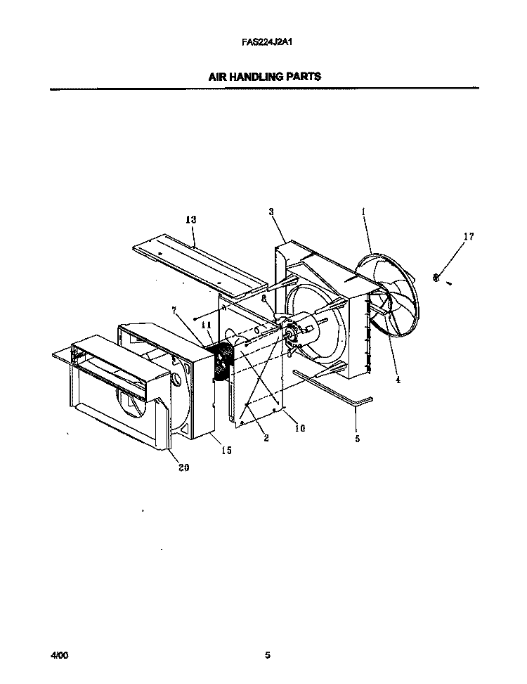AIR HANDLING PARTS Diagram and Parts List for FAS224J2A1  Frigidaire Air Conditioner
