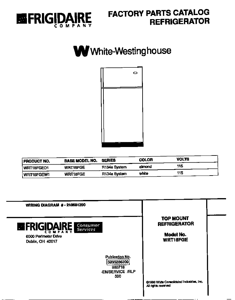 COVER Diagram and Parts List for WRT18FGEW1  Frigidaire Refrigerator