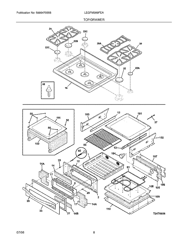TOP / DRAWER Diagram and Parts List for LEGFM389FEA  Frigidaire Range