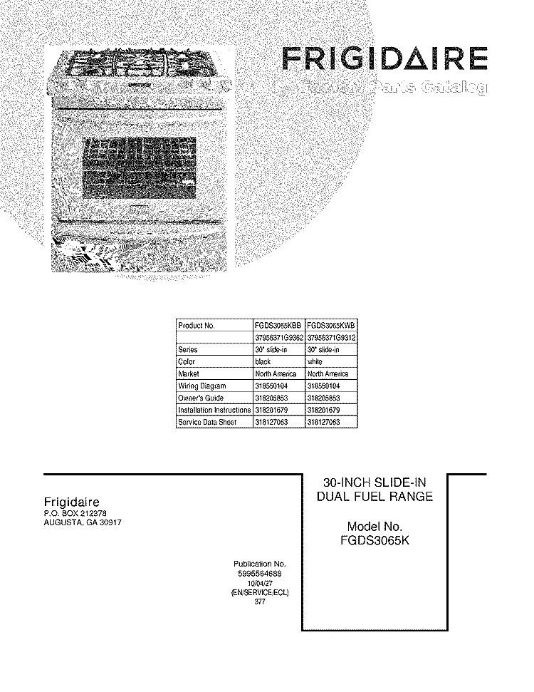 COVER Diagram and Parts List for FGDS3065KBB  Frigidaire Range