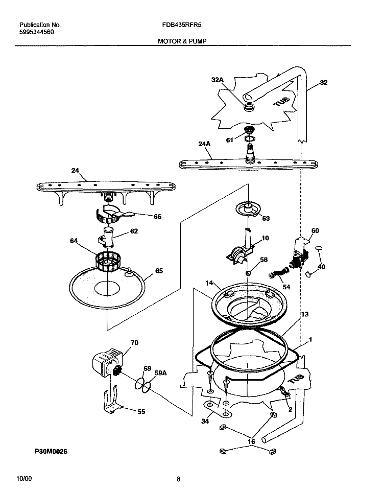 MOTOR AND PUMP Diagram and Parts List for FDB435RFR5  Frigidaire Dishwasher