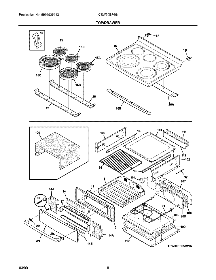TOP/DRAWER Diagram and Parts List for CEW30EF6GWC  Electrolux Range