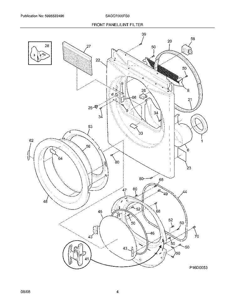 FRONT PANEL/LINT FILTER Diagram and Parts List for SAGQ7000FS0  Electrolux Dryer