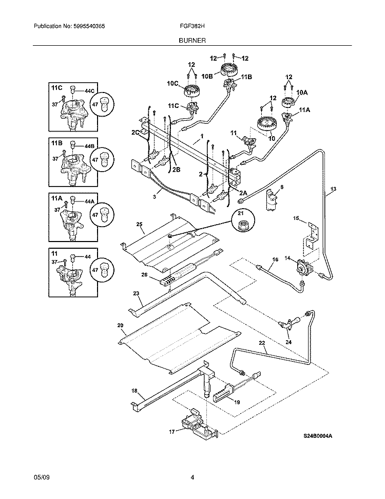 BURNER Diagram and Parts List for FGF382HBD  Frigidaire Range