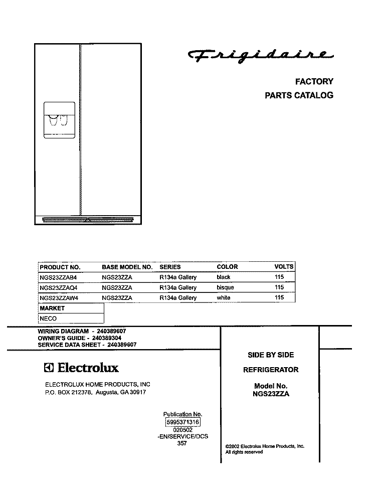COVER Diagram and Parts List for NGS23ZZAQ4  Frigidaire Refrigerator