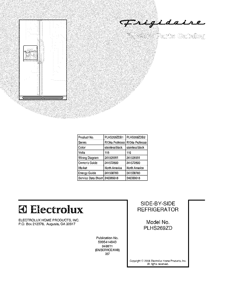 COVER Diagram and Parts List for PLHS269ZDB2  Frigidaire Refrigerator