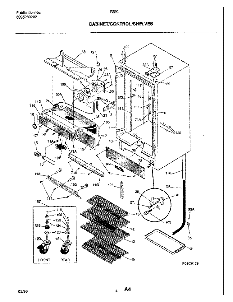 CABINET / CONTROL / SHELVES Diagram and Parts List for F22CW3  Frigidaire Freezer