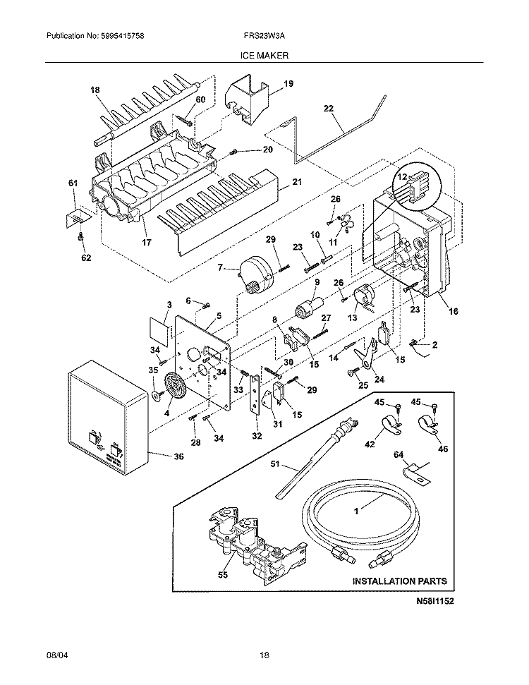 ICE MAKER Diagram and Parts List for FRS23W3AWE  Frigidaire Refrigerator