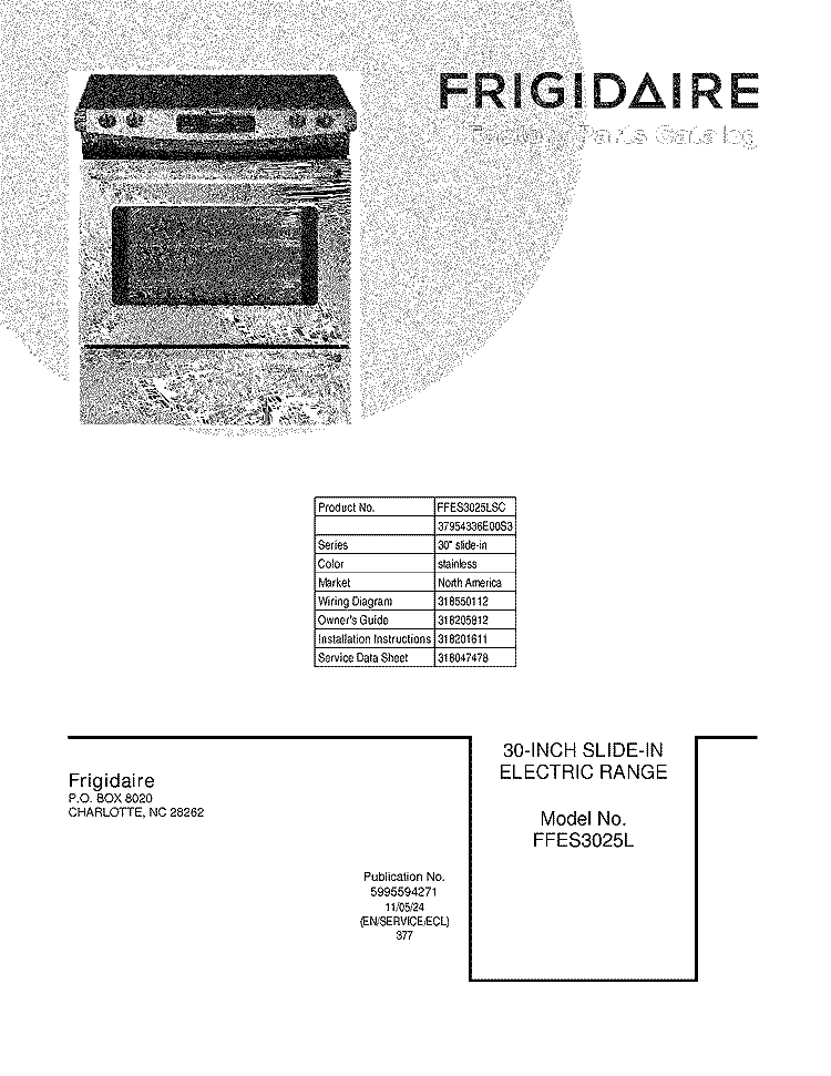 COVER Diagram and Parts List for FFES3025LSC  Frigidaire Wall Oven