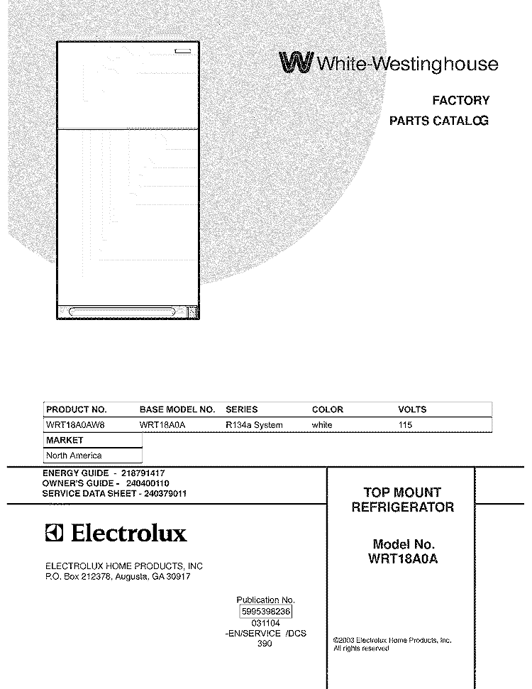 COVER Diagram and Parts List for WRT18A0AW8  Westinghouse Refrigerator