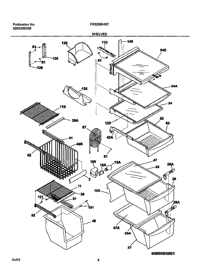 SHELVES Diagram and Parts List for FRS26BH6CB0  Frigidaire Refrigerator