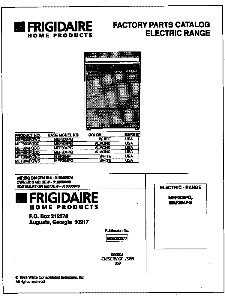 COVER Diagram and Parts List for MEF303PGWC  Frigidaire Range