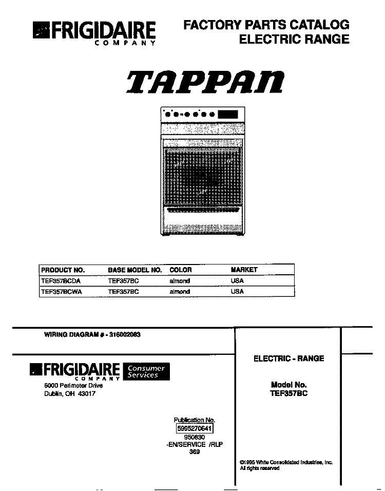COVER Diagram and Parts List for TEF357BCWA  Tappan Range