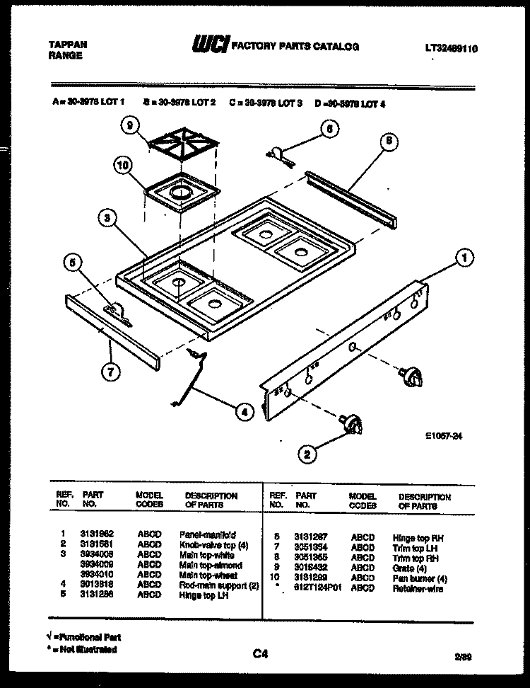 COOKTOP PARTS Diagram and Parts List for 30-3978-66-01  Tappan Range
