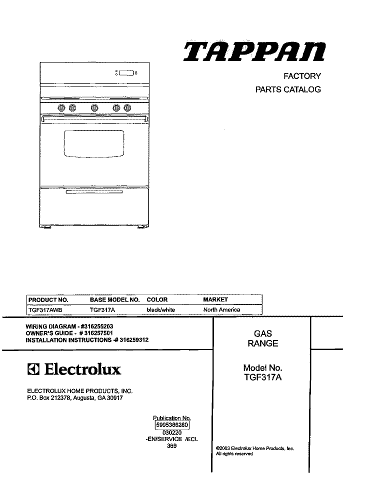 COVER Diagram and Parts List for TGF317AWB  Tappan Range