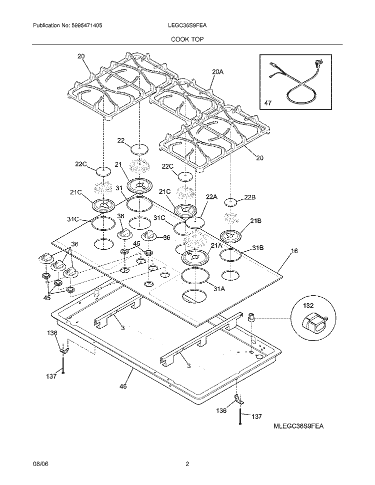 MAINTOP Diagram and Parts List for LEGC36S9FEA  Frigidaire Cooktop