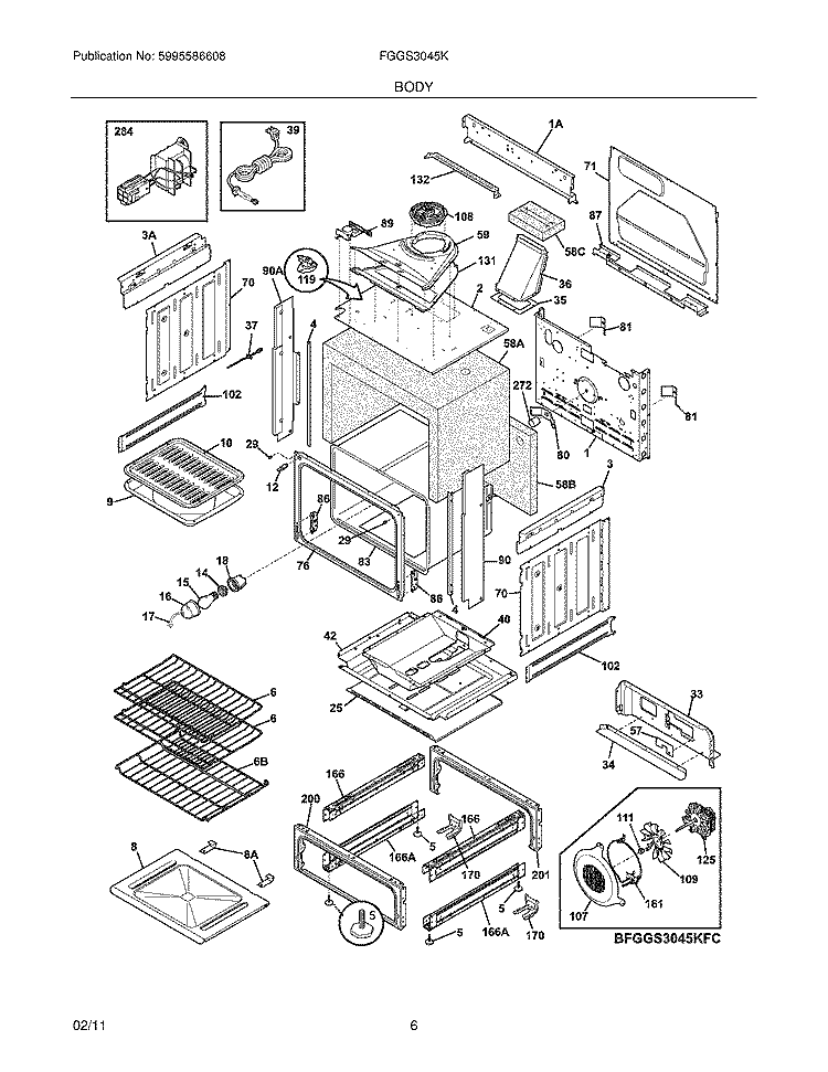 BODY Diagram and Parts List for FGGS3045KBD  Frigidaire Range