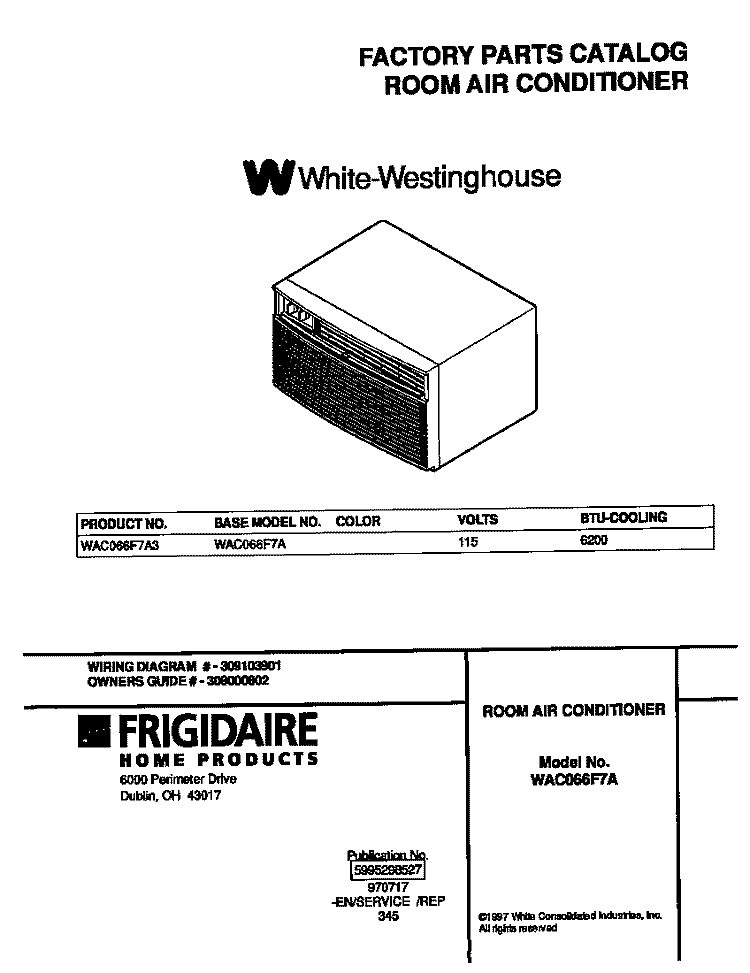 COVER Diagram and Parts List for WAC066F7A3  Frigidaire Air Conditioner
