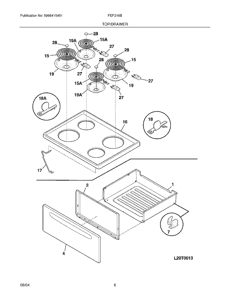 TOP / DRAWER Diagram and Parts List for FEF316BSD  Frigidaire Range
