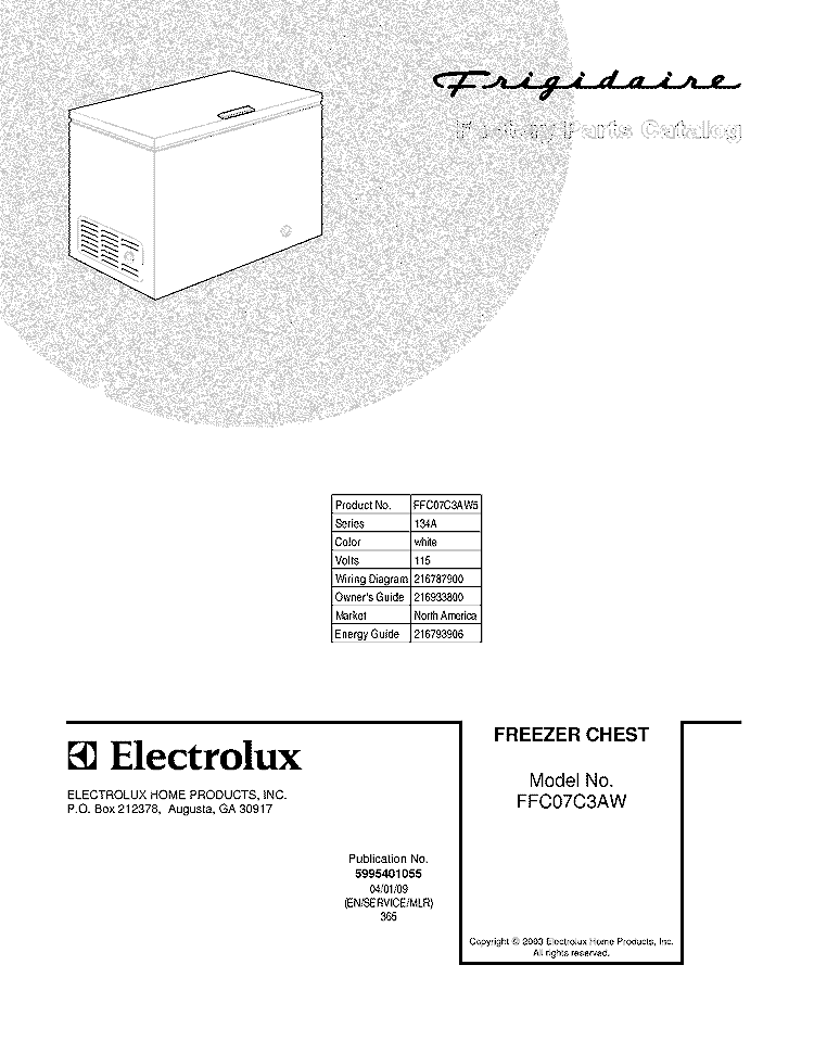 COVER Diagram and Parts List for FFC07C3AW5  Frigidaire Freezer