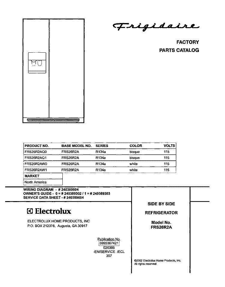 COVER Diagram and Parts List for FRS26R2AQ1  Frigidaire Refrigerator