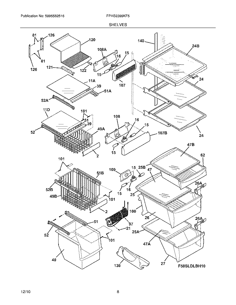 SHELVES Diagram and Parts List for FPHS2399KF5  Frigidaire Refrigerator