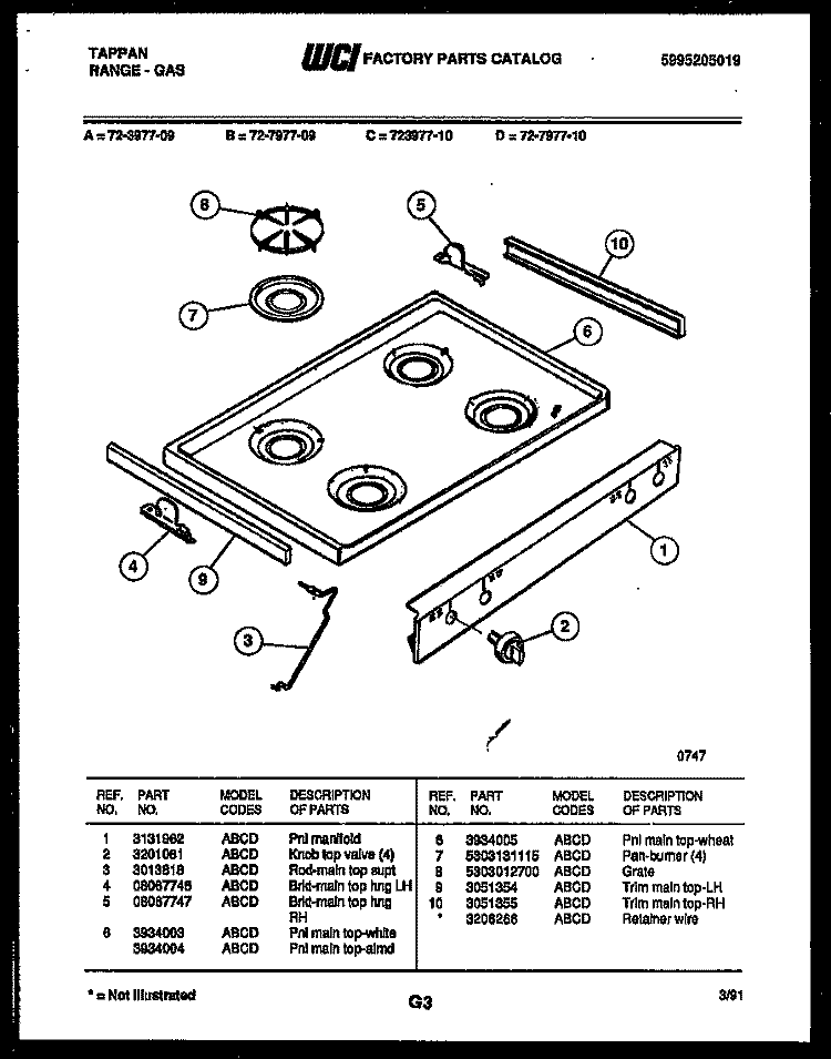 COOKTOP PARTS Diagram and Parts List for 72-3977-00-09  Tappan Range