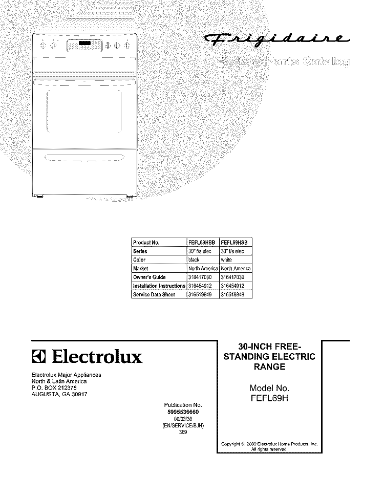 COVER Diagram and Parts List for FEFL69HBB  Frigidaire Range