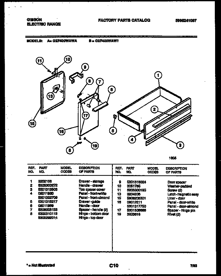 DRAWER PARTS Diagram and Parts List for GEF400WAW1  Gibson Range