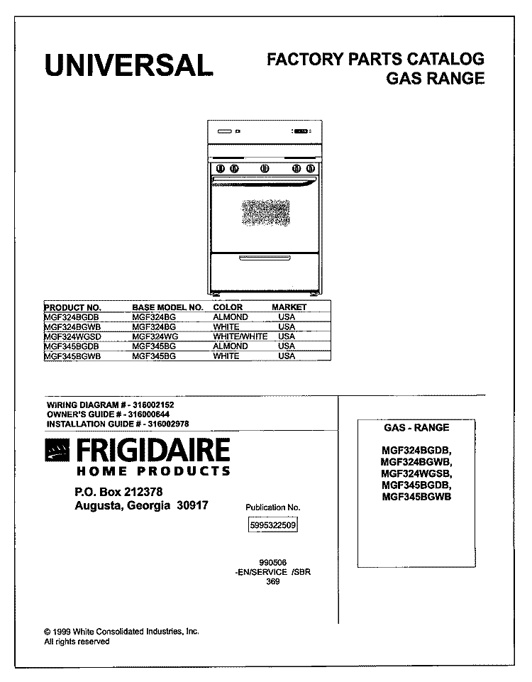 COVER Diagram and Parts List for MGF324BGDB  Frigidaire Range