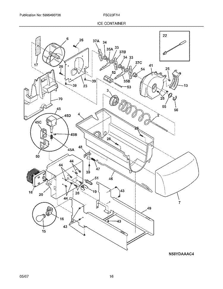 ICE CONTAINER Diagram and Parts List for FSC23F7HW4  Frigidaire Refrigerator