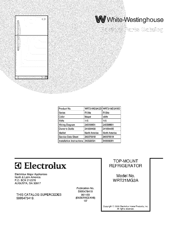 COVER Diagram and Parts List for WRT21MG3AWD  Westinghouse Refrigerator